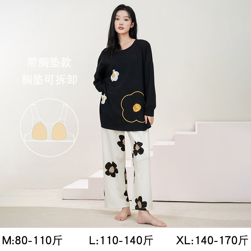 Women's Pajamas, Pure Cotton, Spring and Autumn Long-Sleeved Set, Large Size, High-End Striped Design, Can Be Worn Outside, with Chest Pads, Home Wear