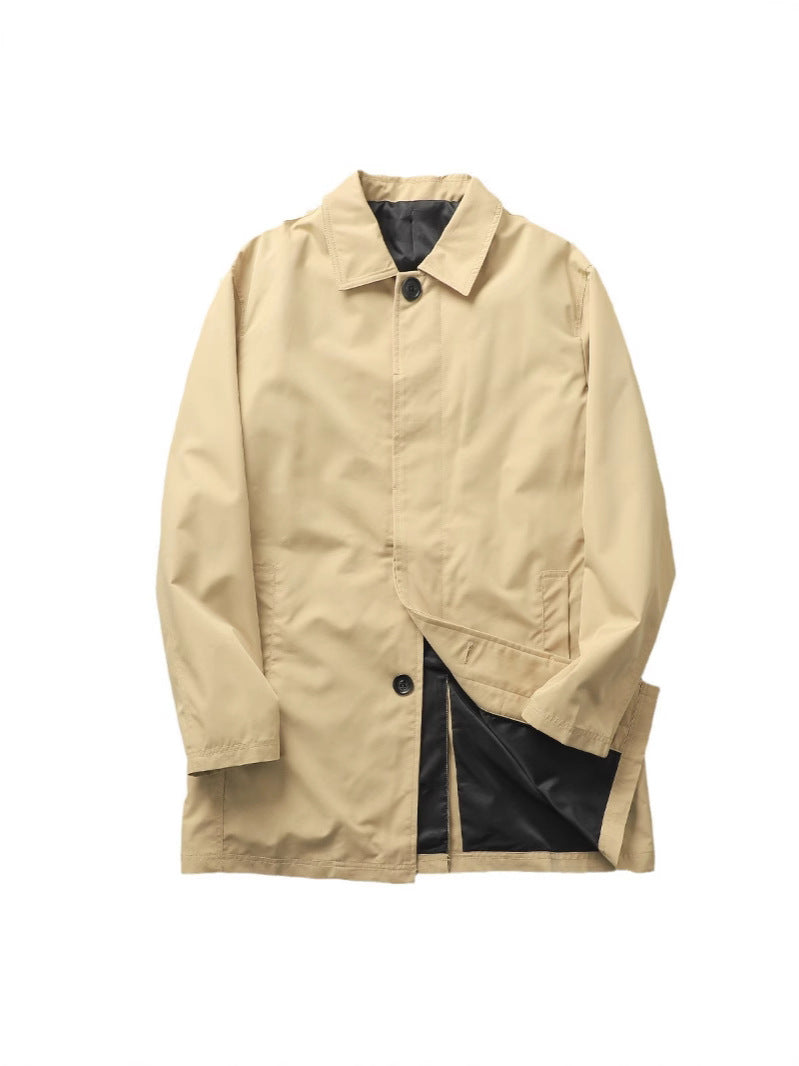 Island Country Quality! Spring Men's Pure Color Casual Lapel Mid-Length Windbreaker Jacket Youth Handsome and Versatile