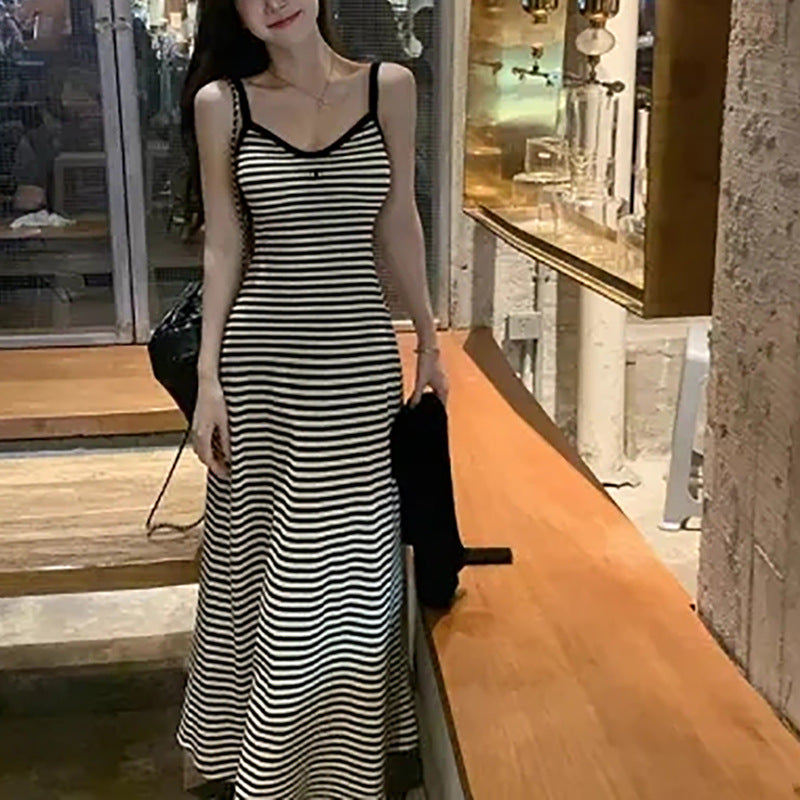 French Style Hip Dress Women's Summer New Fashion Casual A- line Stripe Slim-fit Slimming Sling dress