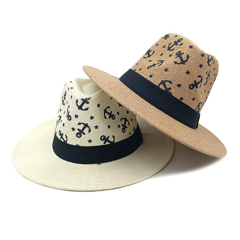 Spring and Summer Hats European and American Anchor Printed Straw Hats Seaside Vacation Sun Protection Hats Beach Sun Hats Jazz Hats