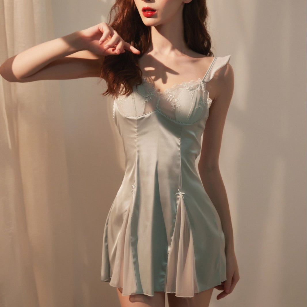 Sexy Women's Nightgown with Straps and Chest Pads, New Lace Summer Ice Silk Nightdress, Home Wear Set with a High-End Feel