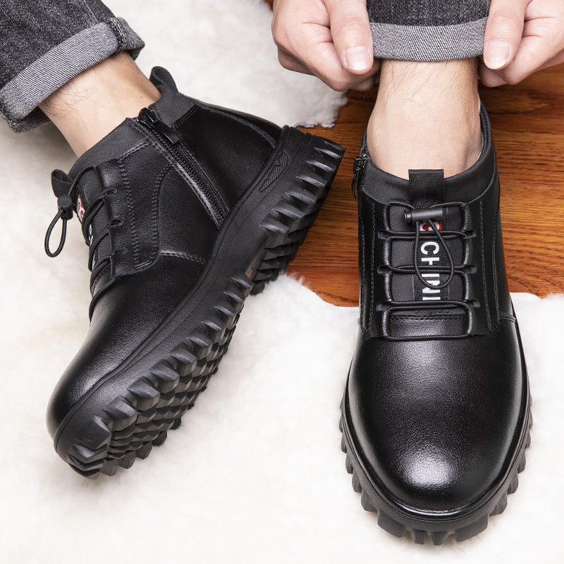 High-Top Cotton Boots 2026 Winter New Style Workwear Men's Shoes Trendy Wool Snow Boots Leather Lace-Up Warm Leather Shoes