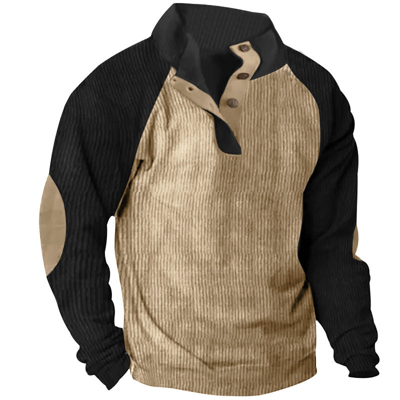 2025 Cross-Border Men's Casual Stand Collar Sports Sweatshirt Amazon Autumn and Winter Contrast Color Corduroy Slim Raglan Sweatshirt