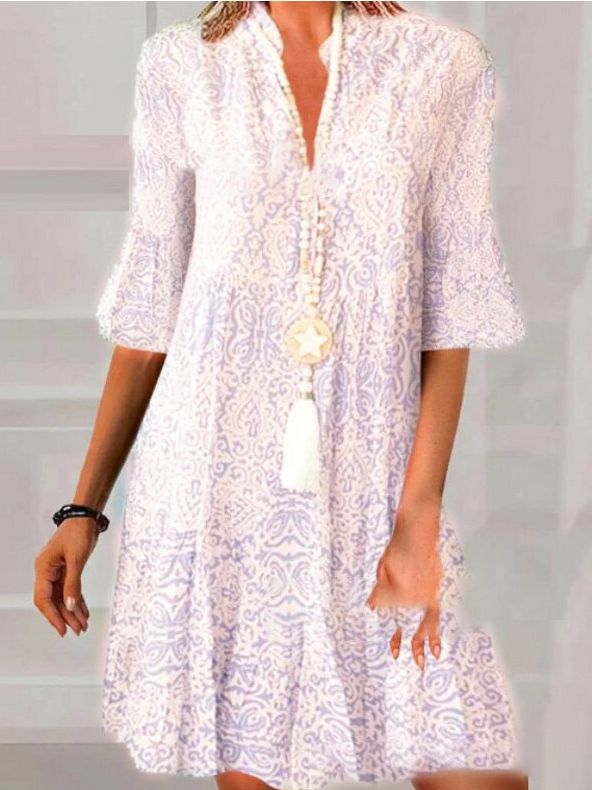 2023 New Summer Style Amazon European and American Clothing Cross-Border Export V Neck Loose Three-Quarter Sleeve Printed Dress for Women