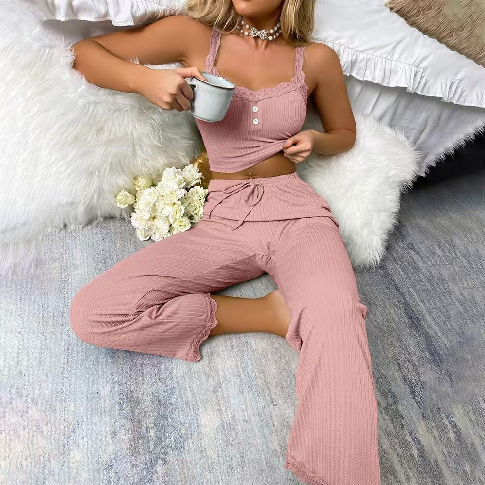 Cross-Border Casual Pajamas Lace Trim Camisole and Long Pants European and American Women's Loungewear Two-Piece Set Custom Sexy Lace