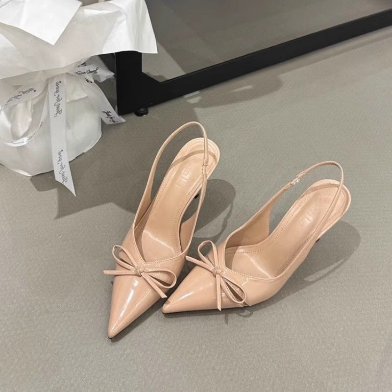 nice with skirt! Gentle Naked Pink Pointed Bow High Heels Women's Niche Patent Leather Rear Stiletto Sandals