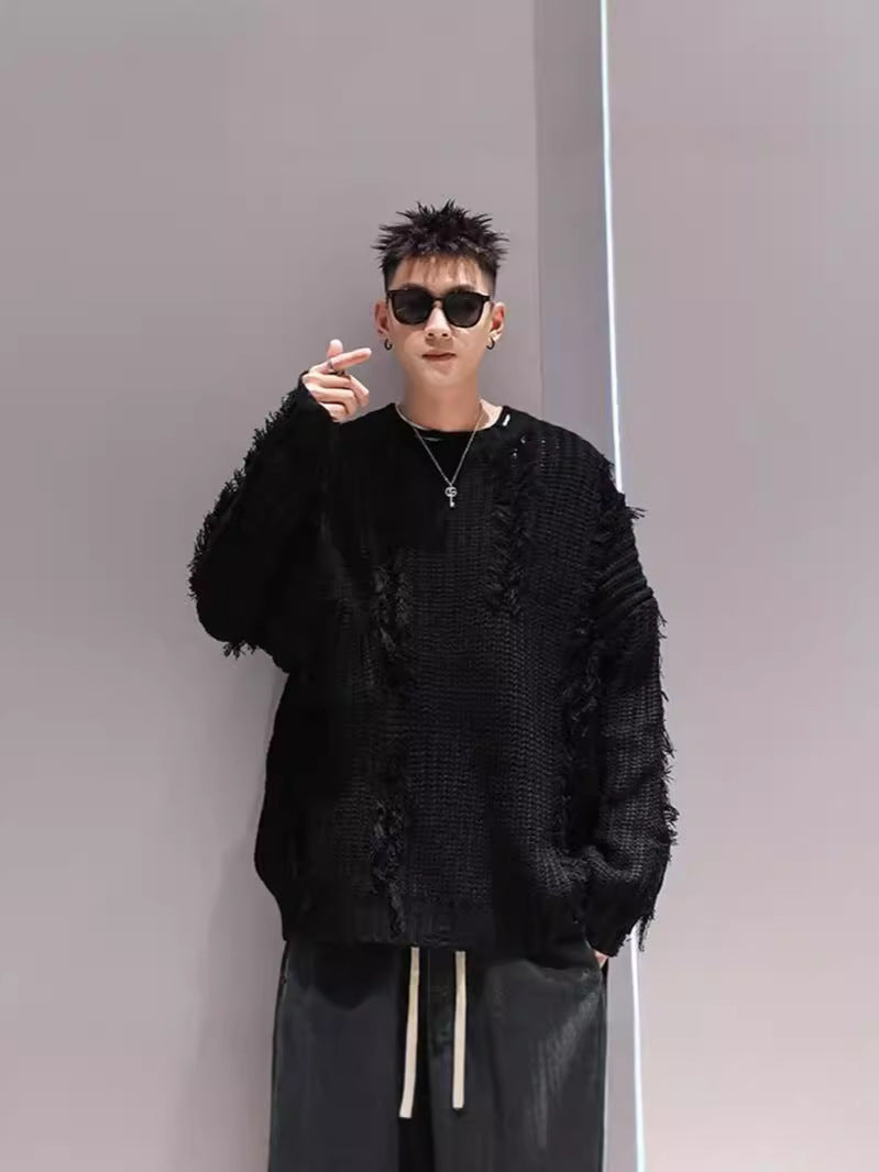 2024 Autumn and Winter New Sweater Men's American Niche Retro Tassel Hole Design Loose Lazy Knitted Sweater