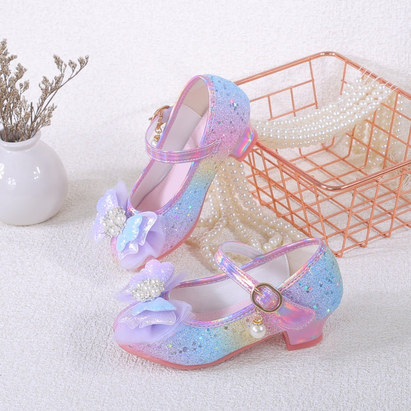 2025 New Lace Bow Girls' Shoes Children's High Heel Princess Shoes Fashion Korean Style Sequined Rainbow Color Shoes
