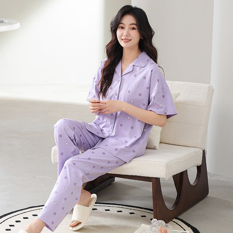 2026 New Women's Summer Pajamas, Cotton Short-Sleeve Long Pants, High-End Cardigan Loungewear Set for Women, Suitable for Wearing Outside