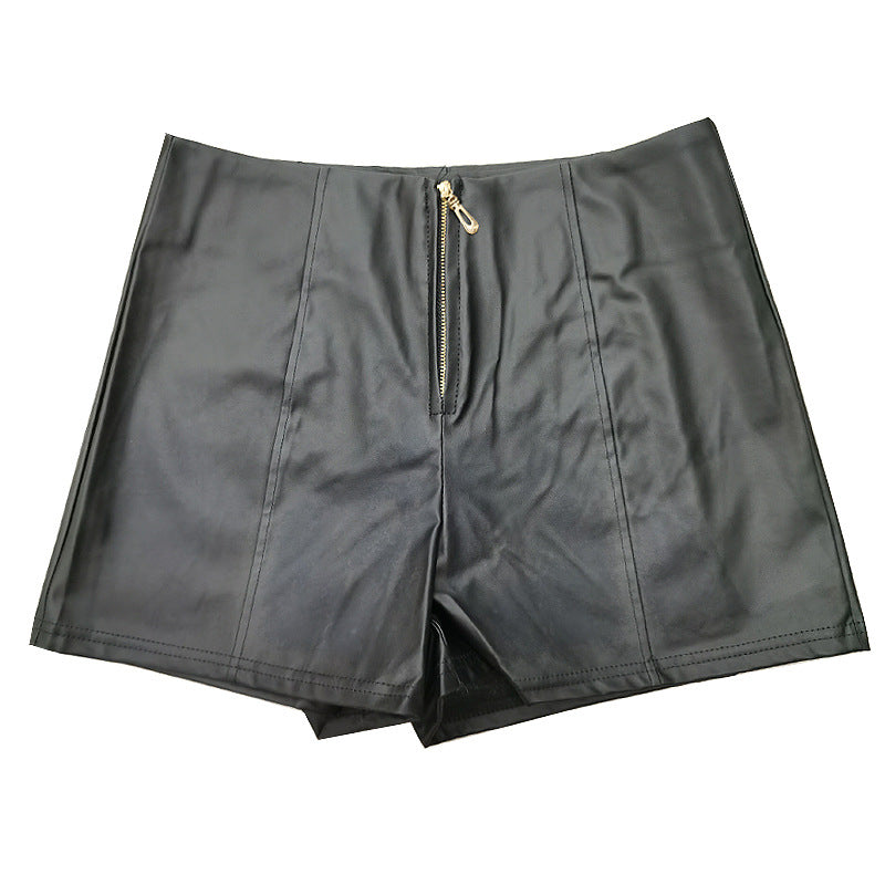 2034 # European and American New Pu Leather Shorts for Women, Versatile High-Waisted A-Line Wide-Leg Pants, Autumn and Winter Leather Pants, Casual Leggings and Boot Pants