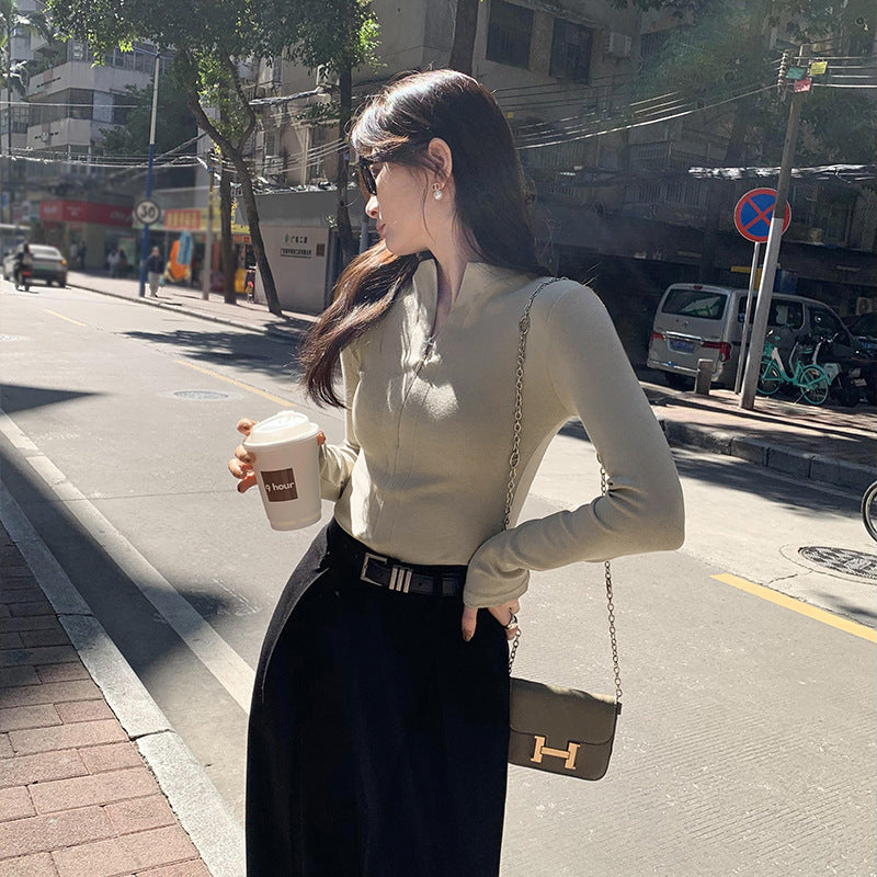Foreign Trade Zip-Up Slim-Fit Inner Layering Shirt for Women, Spring 2026 Autumn/Winter Niche Style, Can Be Worn Outside, Long-Sleeve T-Shirt Top