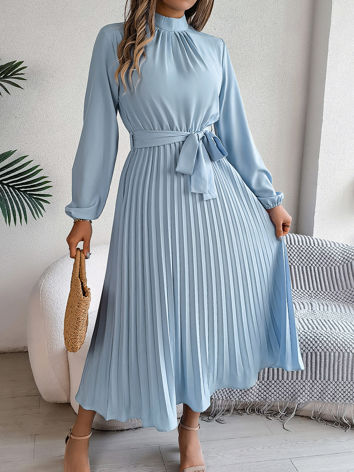 2026 European and American Spring/Summer Elegant Stand Collar Long Sleeve Waist-Cinched Pleated Long Dress Mini Dress Amazon Cross-Border Women's Clothing