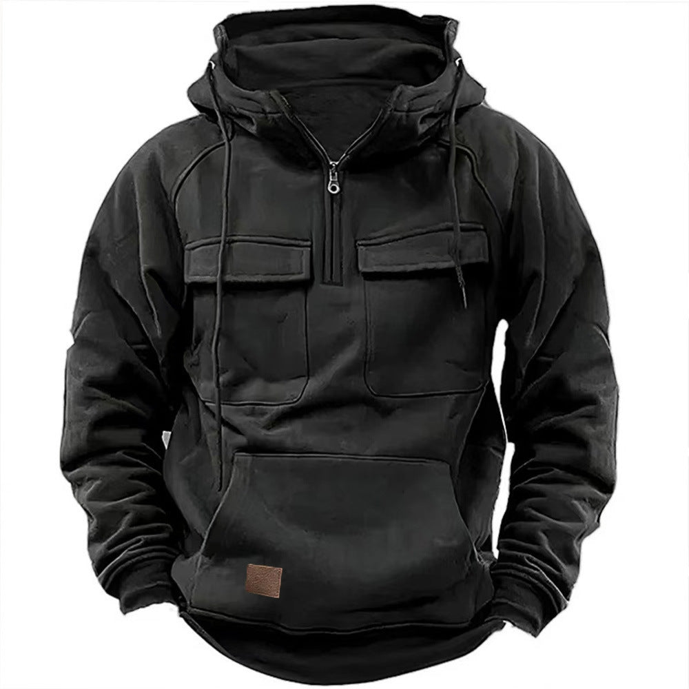 Cross-Border Men's Half-Zip Hooded Sweatshirt, Retro Workwear with Multiple Flap Pocket Pantss, Loose Casual Pullover Hoodie