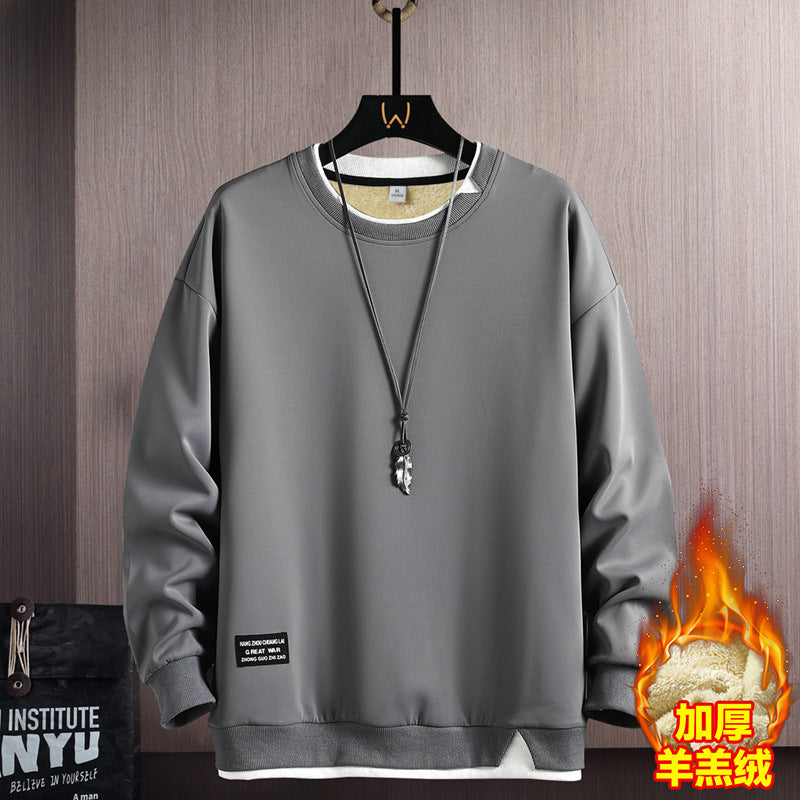 Fake Two-piece Stitching Heavy Round Neck Sweaters Men's Autumn and Winter Fashionable Ins All-match Long-sleeved T-shirt Top Men