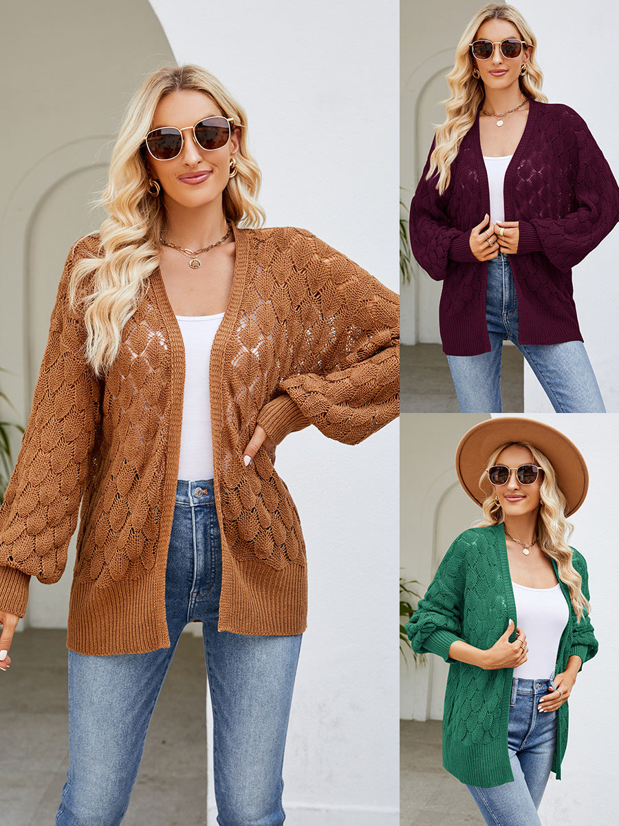 2024 New Loose Lazy Style Mid-Length Sweater Coat Women's Design Hollow Knitted Sweater Cardigan