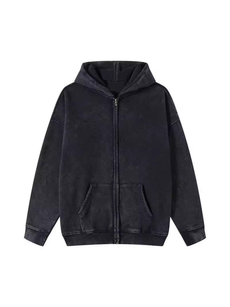Cross-border American-style Heavy High Street Washed Old Cardigan Hoodie Sweater Men's and Women's Loose Retro Hoodie Coat Autumn
