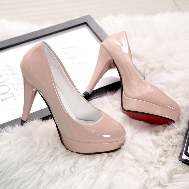 White High Heels, Feminine French Stiletto Heels, Shallow Mouth Waterproof Platform Round Toe Shoes, Red Patent Leather Professional Shoes for Women