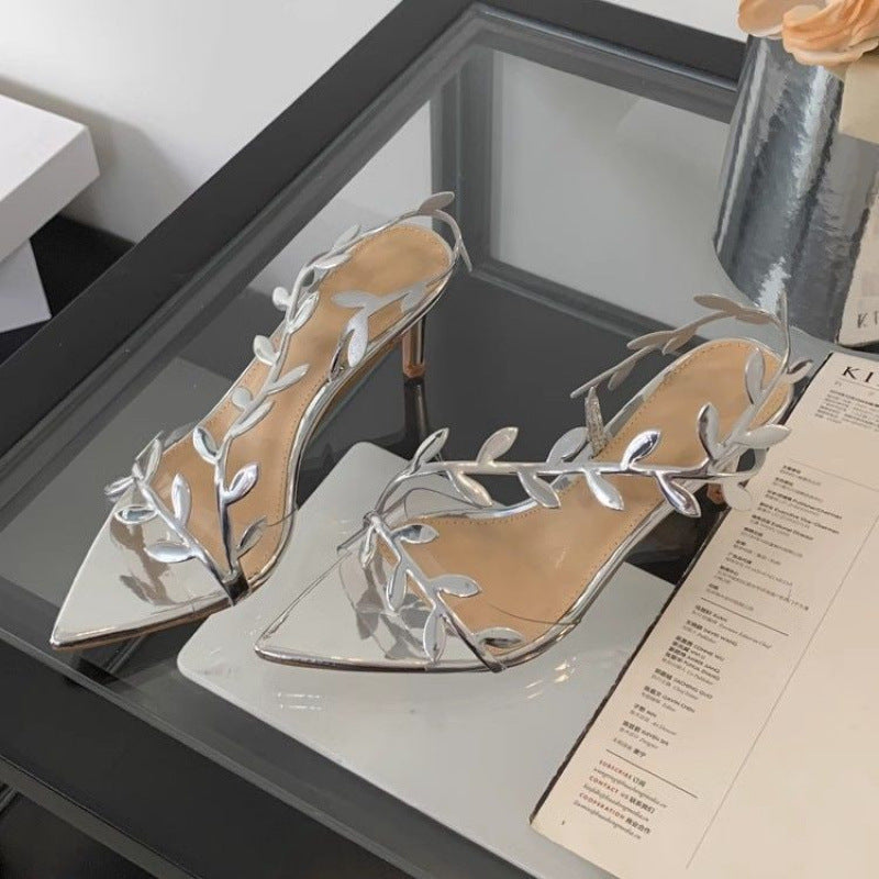 Golden Patent Leather Leaf High Heels Women's 2025 Summer New Arrival Fairy Style Stiletto Heel Pointed Toe Sandals