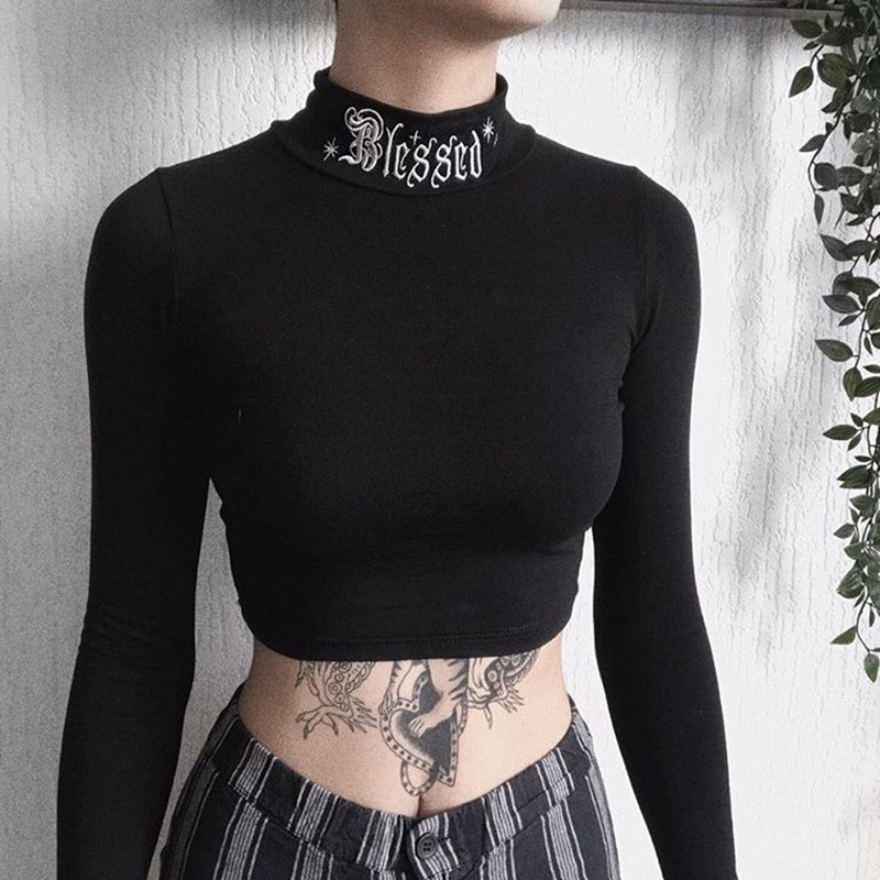 Dark Design High Collar Scheming Top for Women, Tight-Fitting Navel-Baring Long-Sleeved T-Shirt for Women