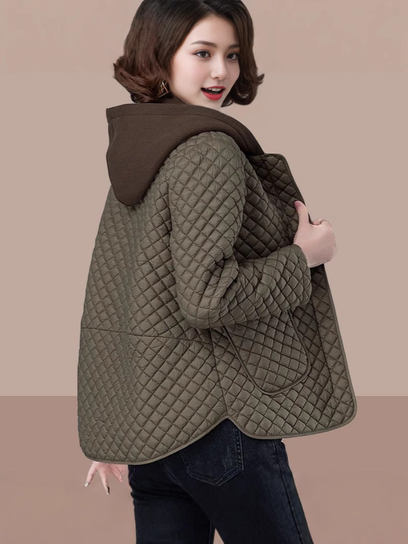 Lingge cotton-padded jacket women's 2024 autumn and winter new fashion age-reducing middle-aged mother hooded loose plus size cotton-padded jacket