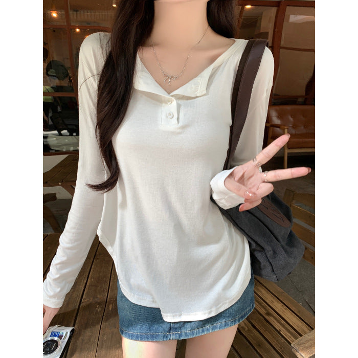 Autumn New Long-Sleeve T-Shirt for Women with Buttons, Loose Fit, Slimming Inner Top, Stylish Design, Regular Shoulder T-Shirt, Trendy