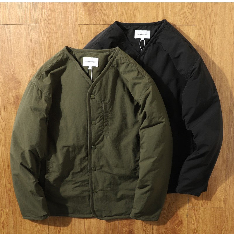 Japanese Retro Collarless Quilted Jacket Men's Windproof Workwear Layered V-Neck Snap Cotton Coat Men