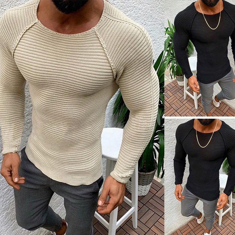 Amazon 2023 Autumn and Winter European and American Large Size Round Neck Solid Color Men's Knitwear Top Sports Slim-fit Sweater for Men