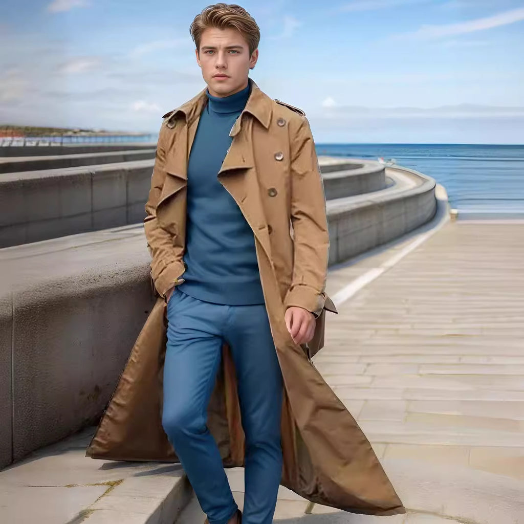 Cross-Border European and American Men's Spring and Autumn Long Double-Breasted Trench Coat Fashion Versatile Large Lapel Casual Jacket Cloak