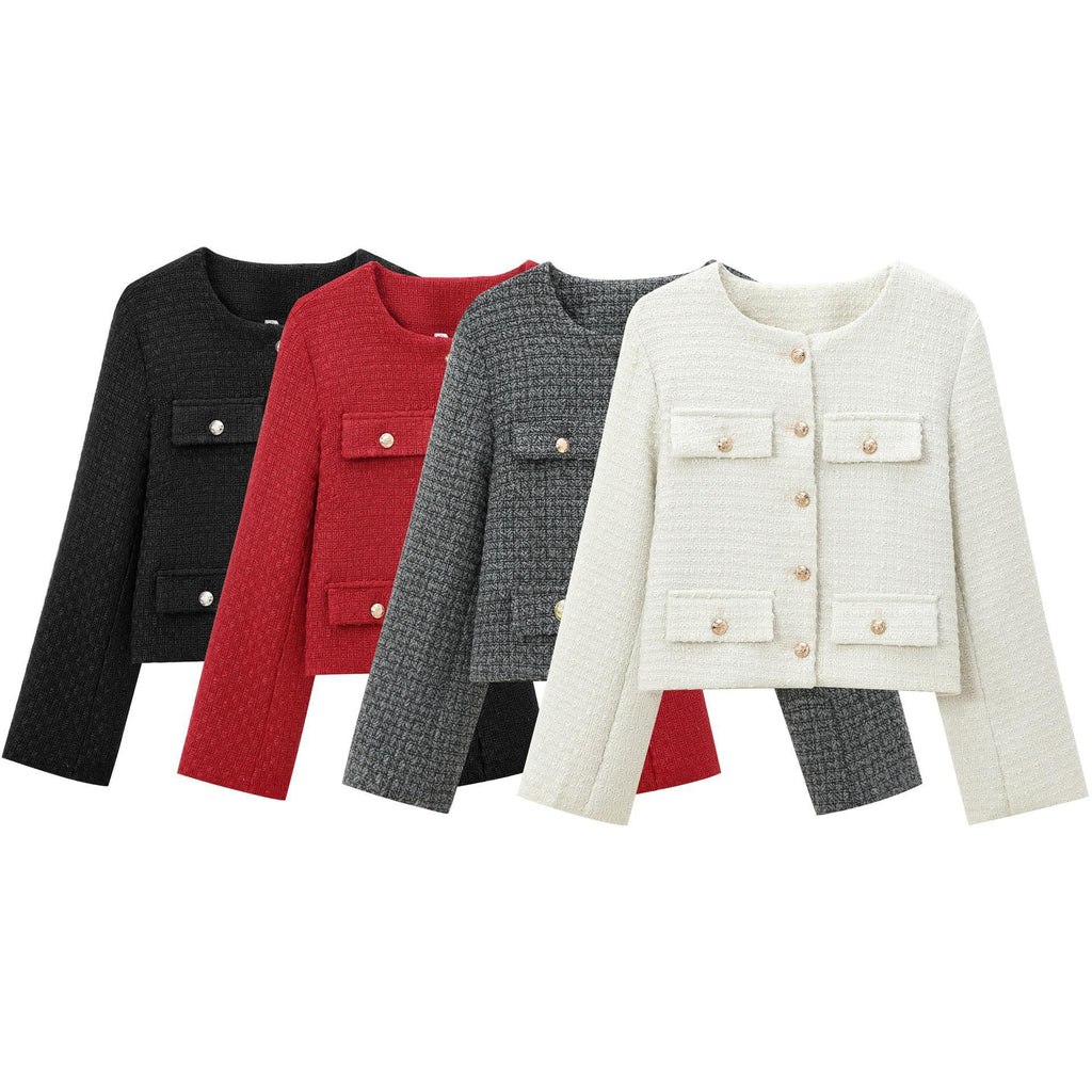 Winter Fashionable Small Fragrance Round Neck Long-Sleeved Buttoned Jacket Cross-Border Amazon Women's Clothing K52521