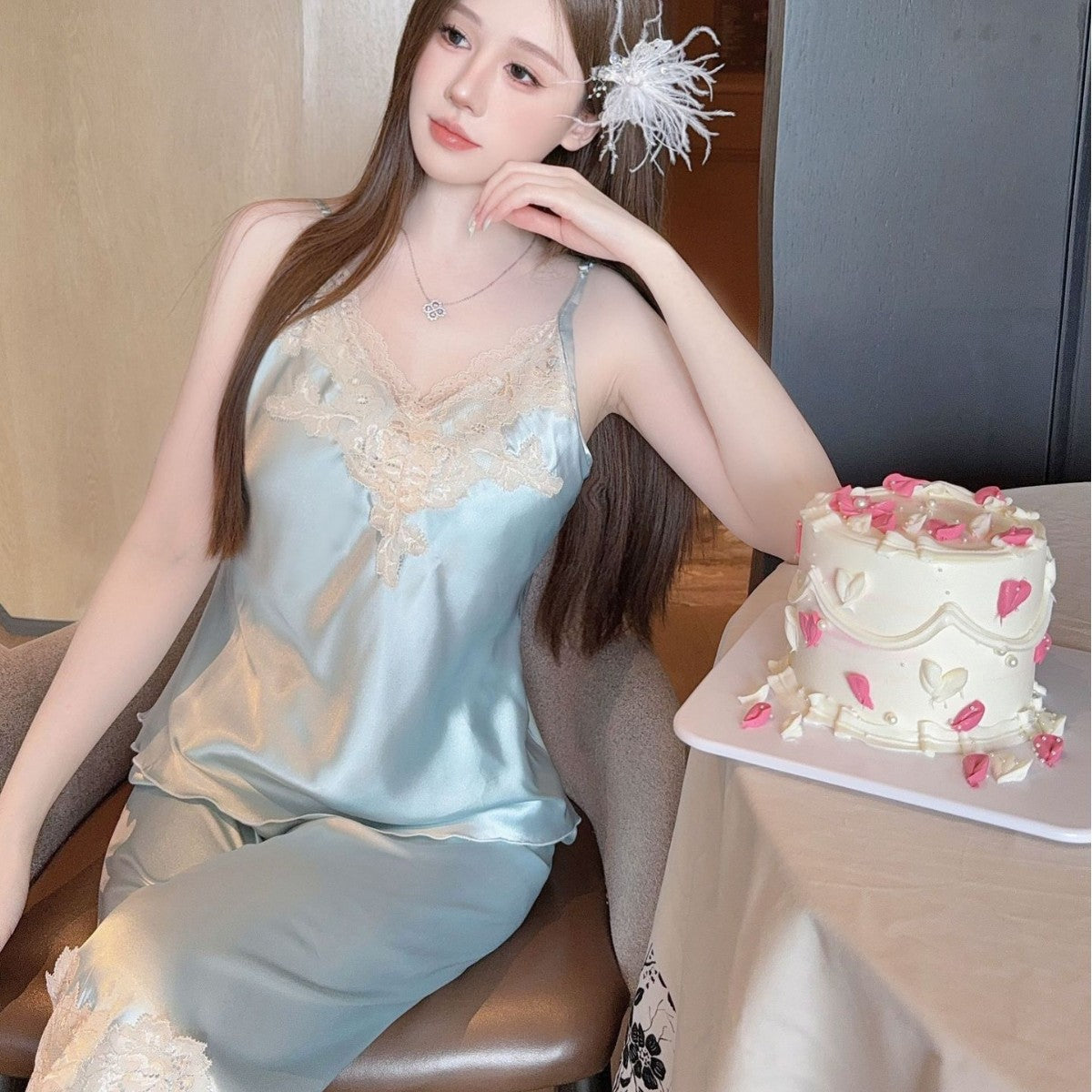 Ready-Made New Style Sling Women's Autum Ice Silk High-End Pure Lust Style Home Wear Set Lace Sexy Pajamas