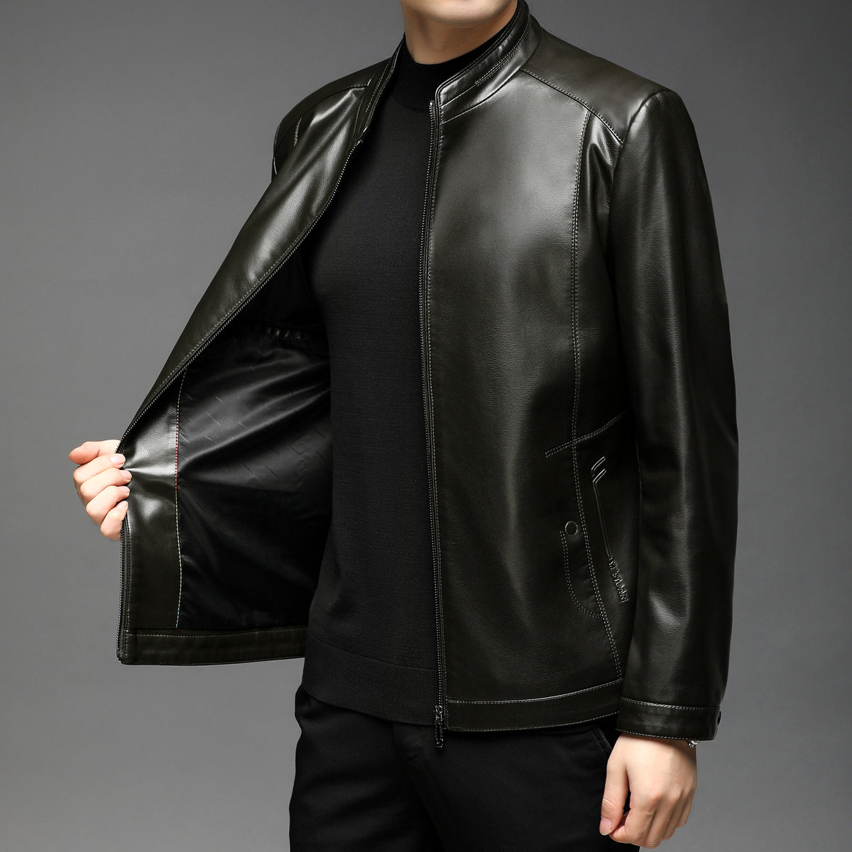 Men's Leather Jacket, Autumn and Winter, Middle-Aged Business Style, Stand-Up Collar, Fleece-Lined, Casual Men's Leather Coat, Mid-Length