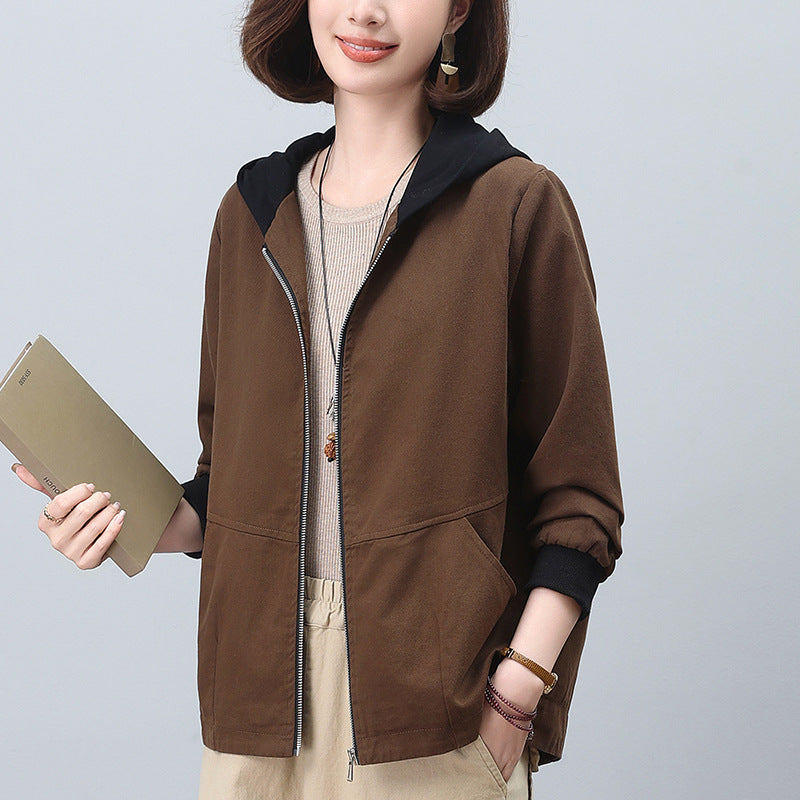 Hooded Jacket for Petite Women, Versatile for Plus-Size, Slimming for Middle-Aged Moms, Casual Cardigan Sweatshirt, Plus-Size Women's Clothing