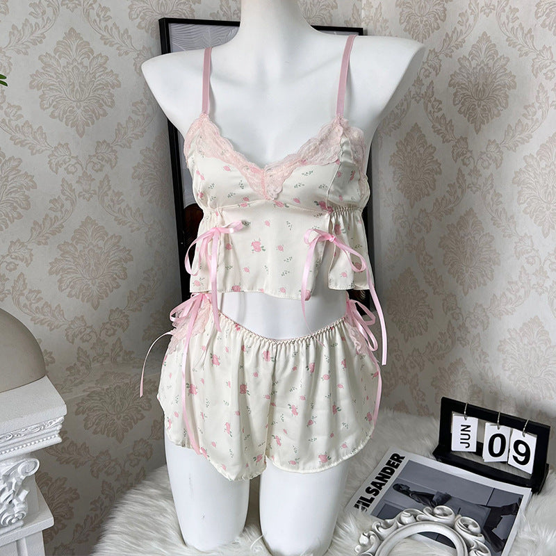 3068 Sexy Pajamas Women's Japanese-style Private Sling Chest Pad Two-piece Suit Pure Summer New Arrival Bow Skirt