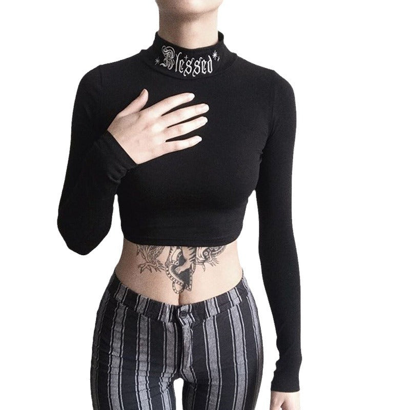 Dark Design High Collar Scheming Top for Women, Tight-Fitting Navel-Baring Long-Sleeved T-Shirt for Women