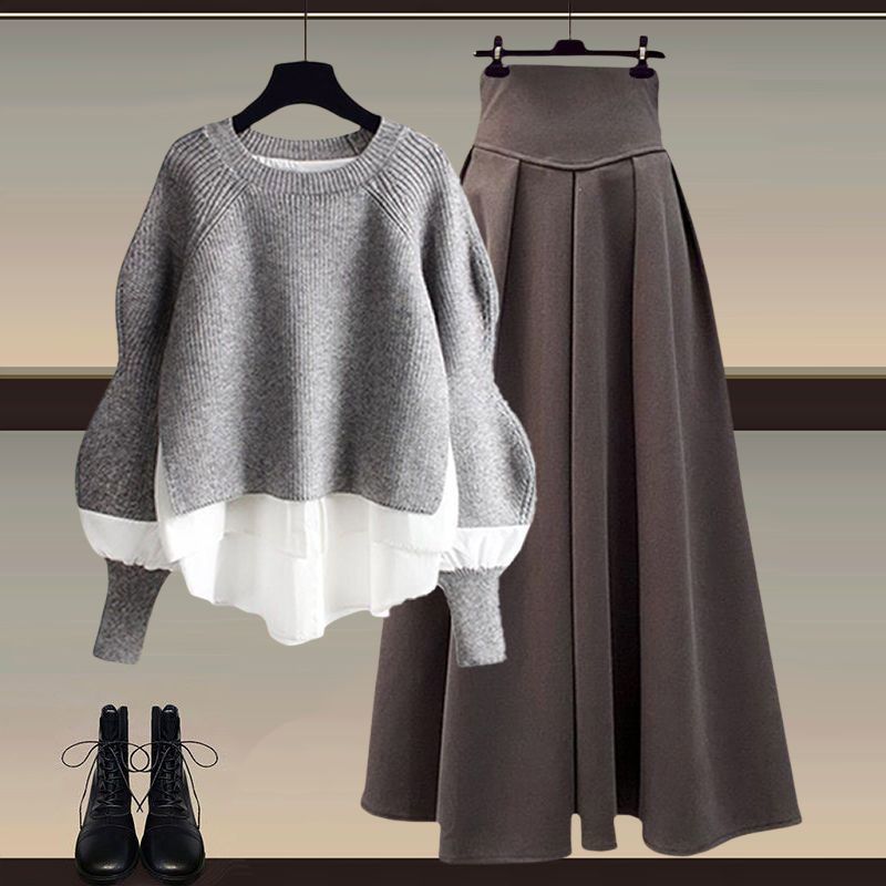 Autumn suit Women's New plus size Women's Fashion Fake Two-piece Top Elegant Slim Skirt Two-piece Set