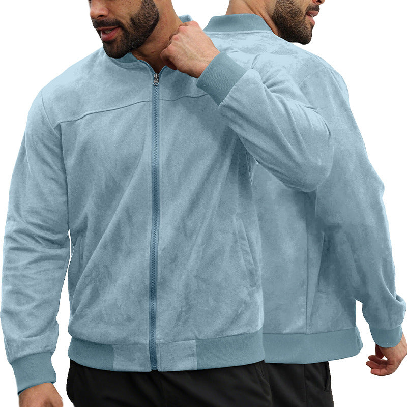 Cross-Border European and American Men's / women's Suede Solid Color Casual Sports Stand Collar Zipper Jacket Plus Size Long Sleeve Cardigan