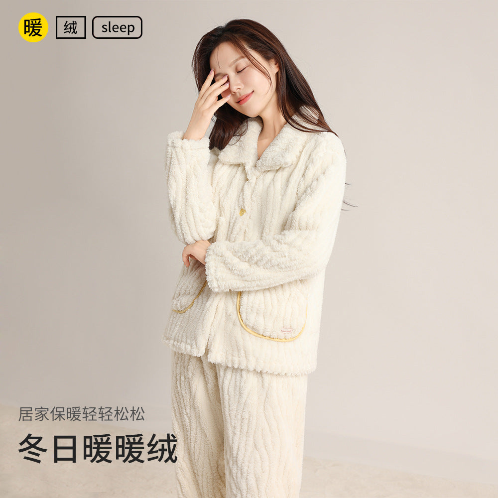 Autumn and Winter Thickeneded Warm Square Collar Lapel Pajamas Coral Velvet Cardigan Simple Wearable Home Clothes Couple Set