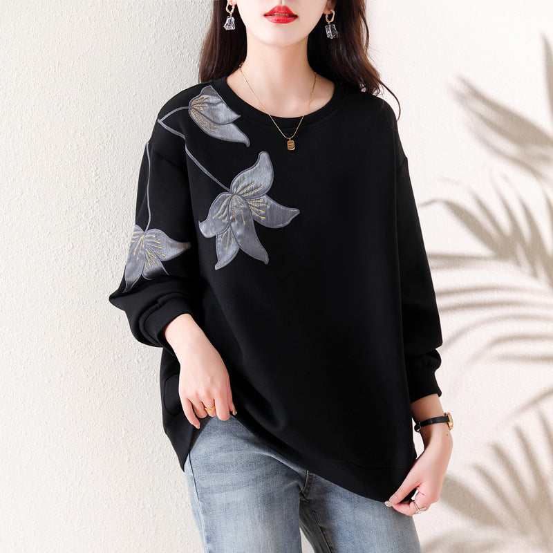 Real Shot Sweat Women's Autumn New Fashionable Elegant Loose Embroidered Top Slim Look plus size Fashionable Sweat