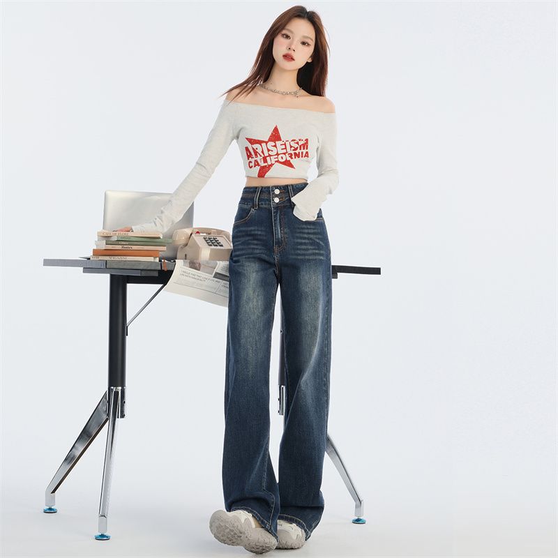 2024 Autumn and Winter New High Waist Double Buckle Slimming Stretch Narrow Straight Jeans for Women JEANS WOMEN