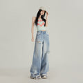 High Street Personality Light-Colored Ripped Jeans for Women, New Spring and Summer Loose Slimming Drapey Distressed Straight Wide-Leg Pants