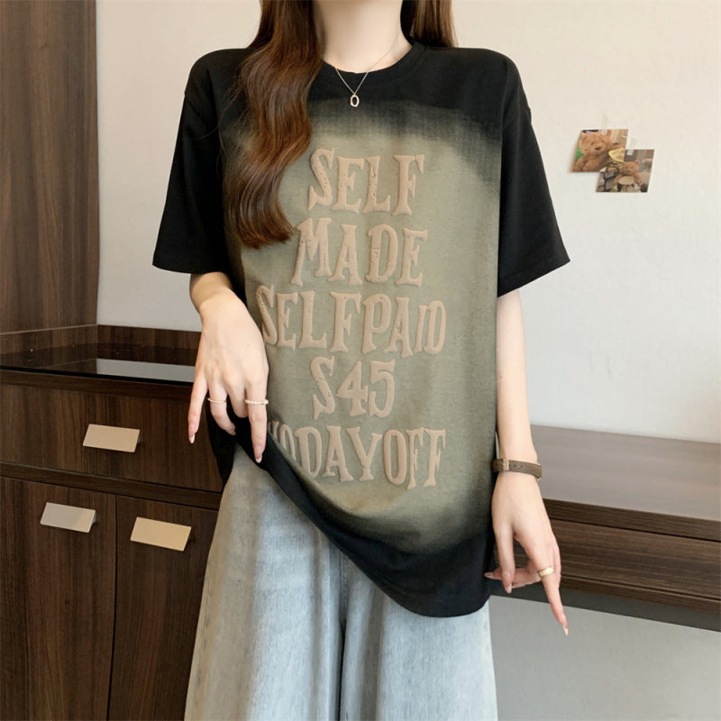 New Women's Clothing Retro Pure Cotton Short-sleeved T-shirt Women's Loose Slim-fit Printed Foam Fashion Brand Top for Men and Women Same Style for Summer