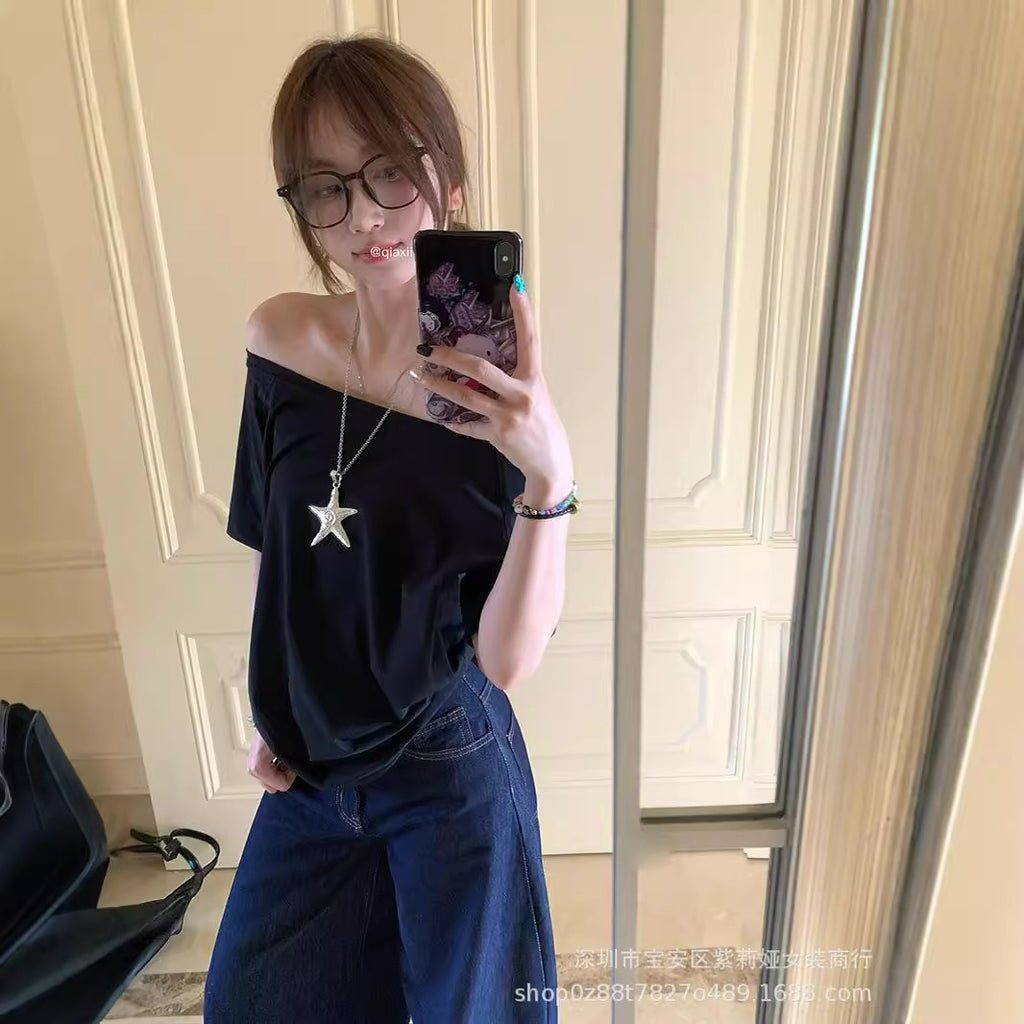 Designed Off-Shoulder Gray Short-Sleeved T-Shirt for Women, Loose Casual Simple Sloping Shoulder Black Top