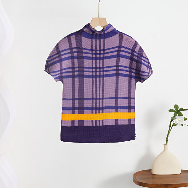 Miyake Half Turtleneck Half-Sleeved T-Shirt for Women Summer New Stereo Design Pleated Printed Short-Sleeved Top