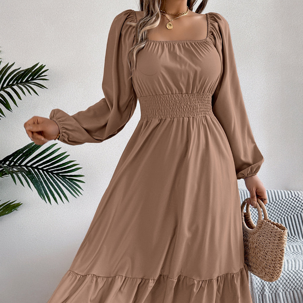 2026 Spring/Summer European and American Casual Solid Color Square Neck Long Sleeve Waist-Cinching Ruffle A-Line Dress Amazon Cross-Border Women's Clothing
