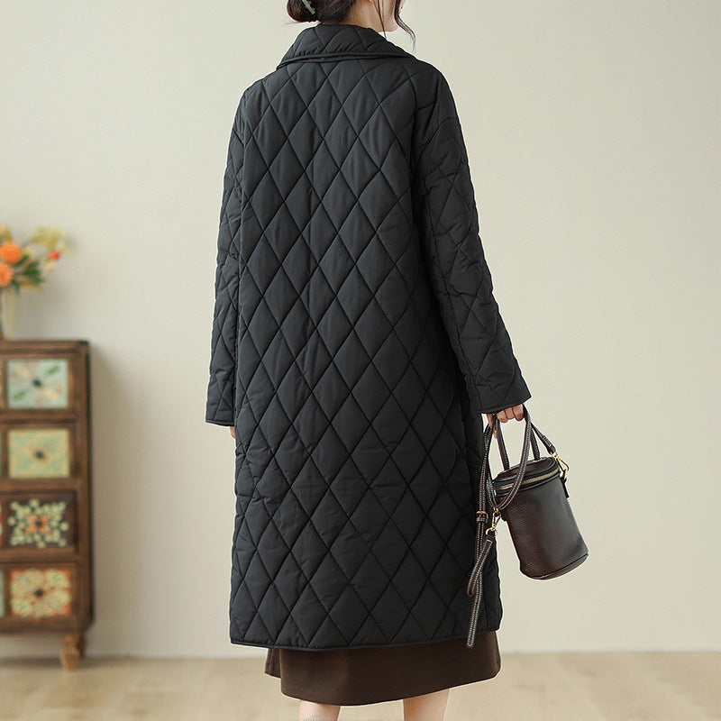 Real shot rhombic over-the-knee cotton-padded jacket women's mid-length loose cotton-padded jacket ins winter clothes slimming all-match cotton-padded jacket