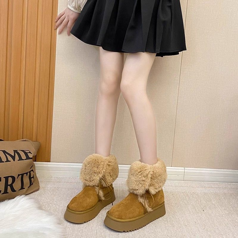 Lace-Up Two-Wear Snow Boots for Women 2025 Winter New Thick-Soled Mid-Calf Fur Integrated Fleece-Lined Thickeneded Cotton Boots