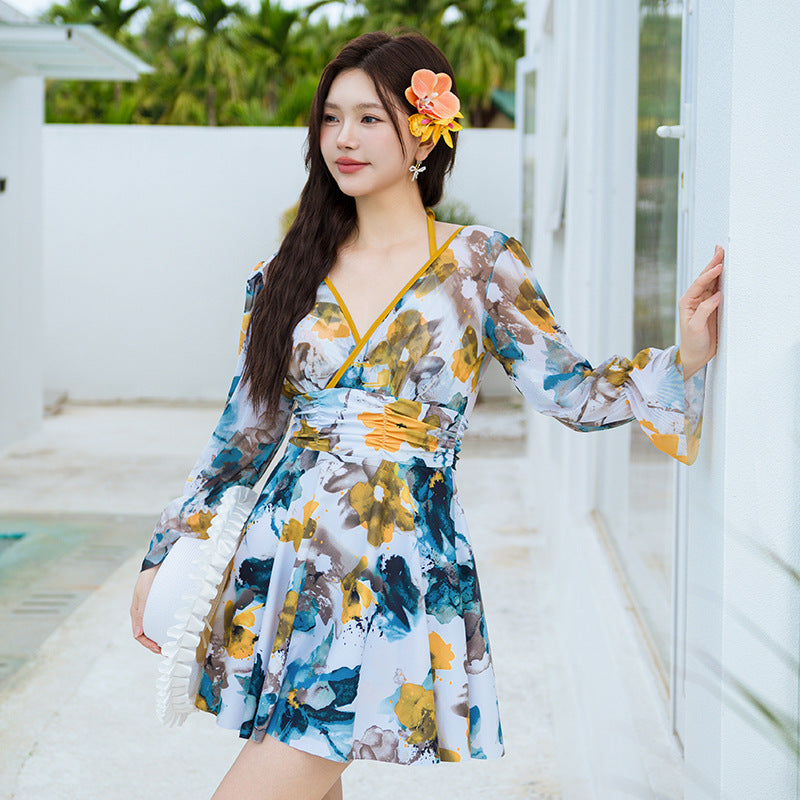Swimsuit for Women, Plus Size 100kg, Hot Spring One-Piece Dress Style, 2025 New Chinese Style, Conservative, Tummy-Concealing, Slimming Swimwear