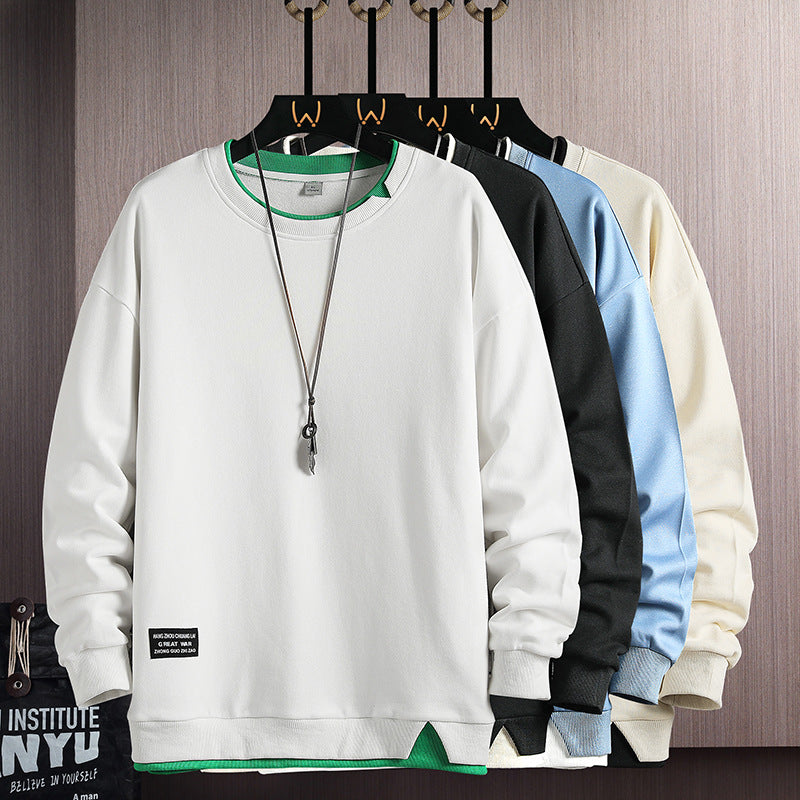 Fake Two-piece Stitching Heavy Round Neck Sweaters Men's Autumn and Winter Fashionable Ins All-match Long-sleeved T-shirt Top Men