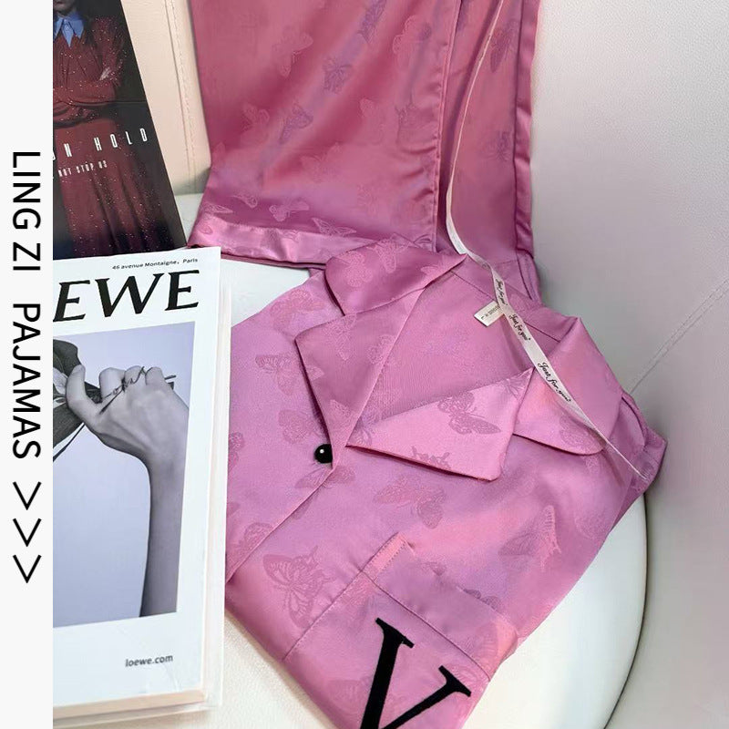 2025 New Ice Silk Pajamas Women's Long Sleeve Lapel Bow Jacquard High-end Simple Home Clothes suit