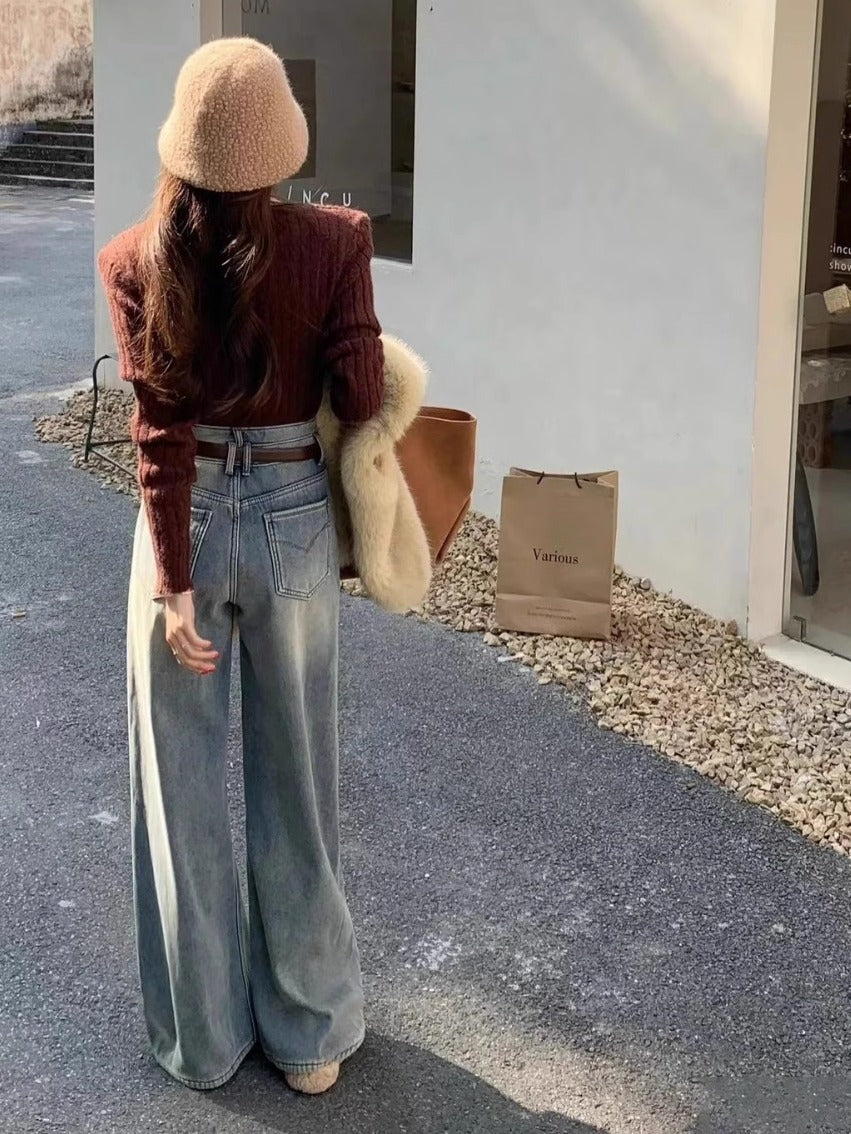 Light-Colored Wide-Leg Jeans for Women, High-Waisted and Drapey, 2025 Spring New Style, Fashionable, Simple, Loose, Slimming Straight-Leg Pants